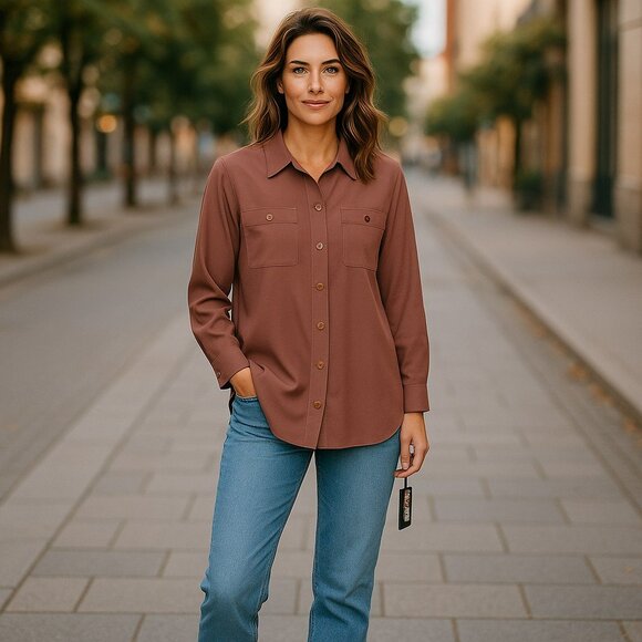 Maggie Sweet Cafe Brown Button-Up Shirt Size Medium Petite Made In USA - Picture 1 of 11